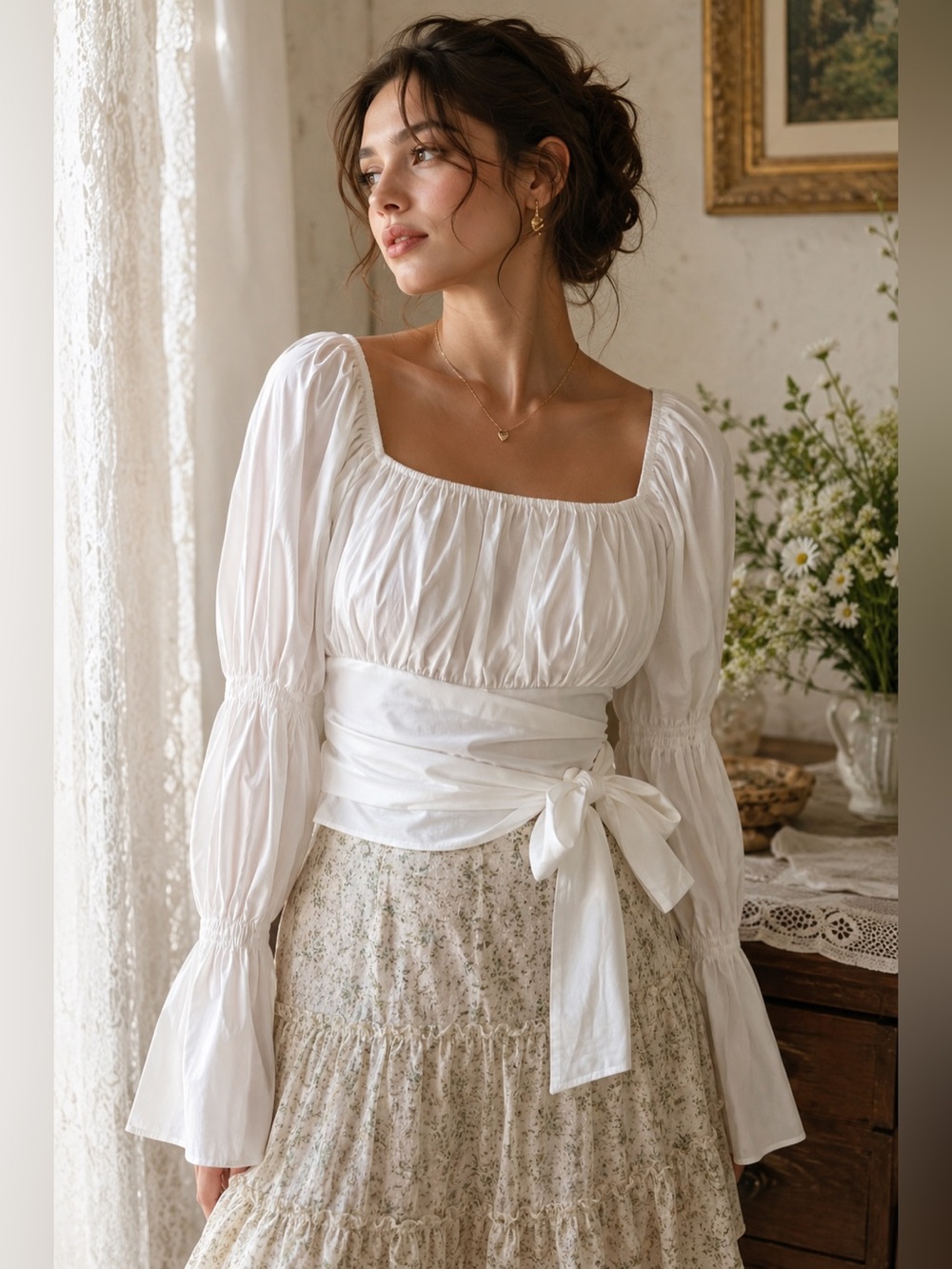 Cottagecore Puff Sleeve Wrap Tie Top White Balletcore Peasant Blouse S